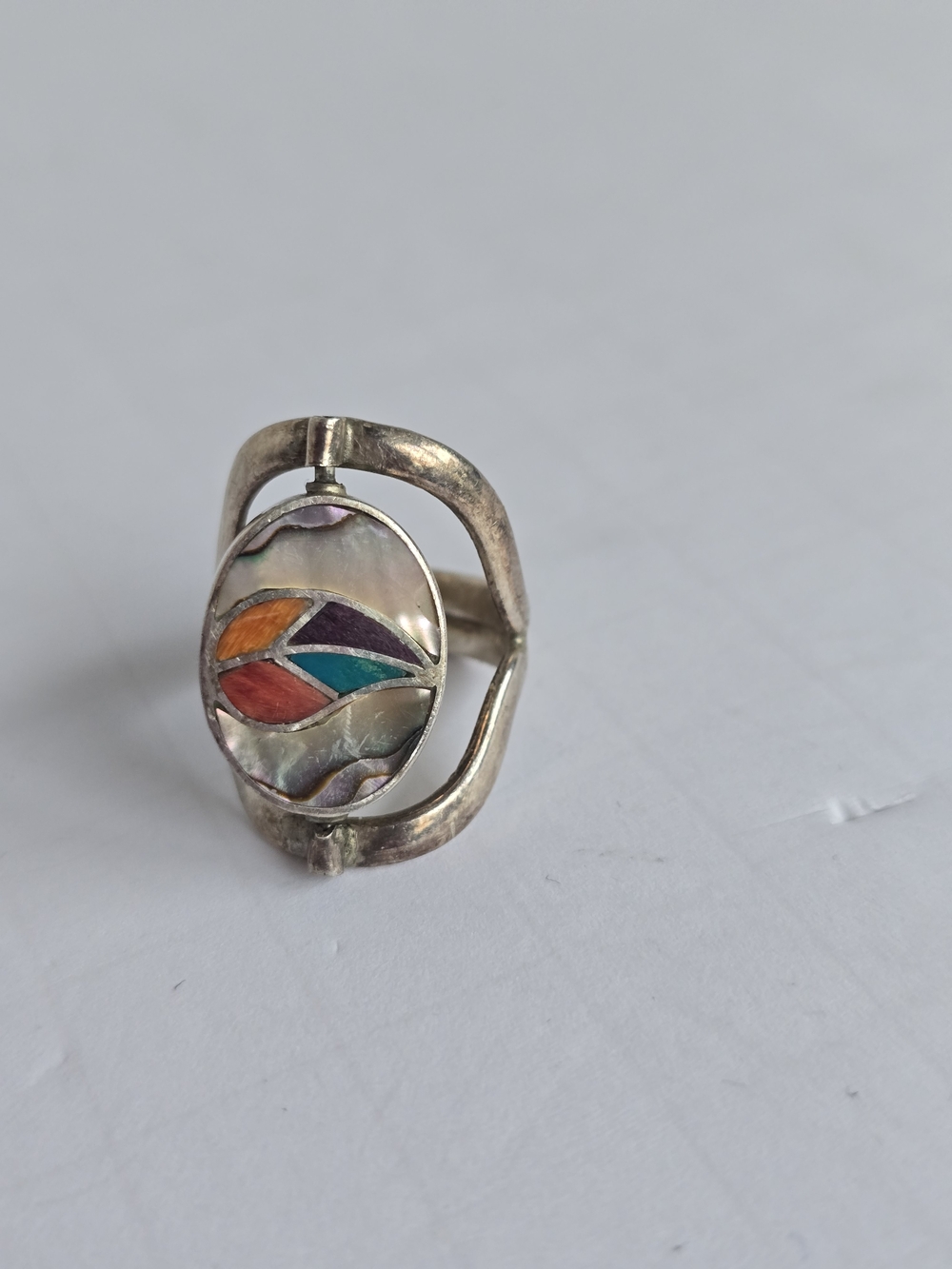 Inlay 950 Mexican Sterling Silver Spinner Ring 8 Vintage Boho